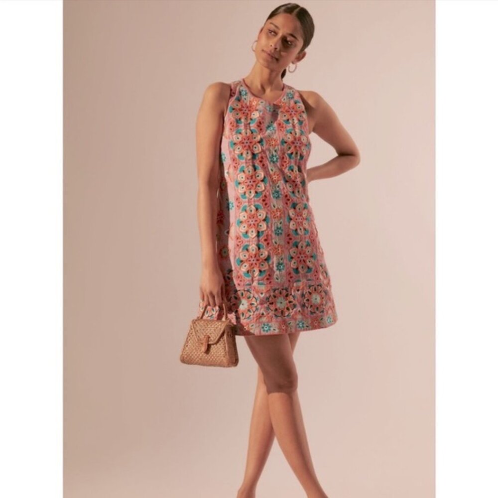 Anthropologie Pink Floral Embroidered Mini Dress